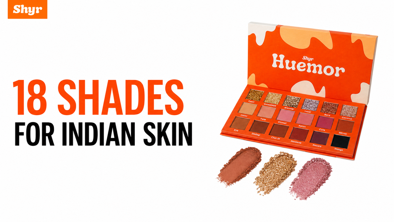 Huemor 18-shade eyeshadow palette for Indian skin with matte and shimmer shades