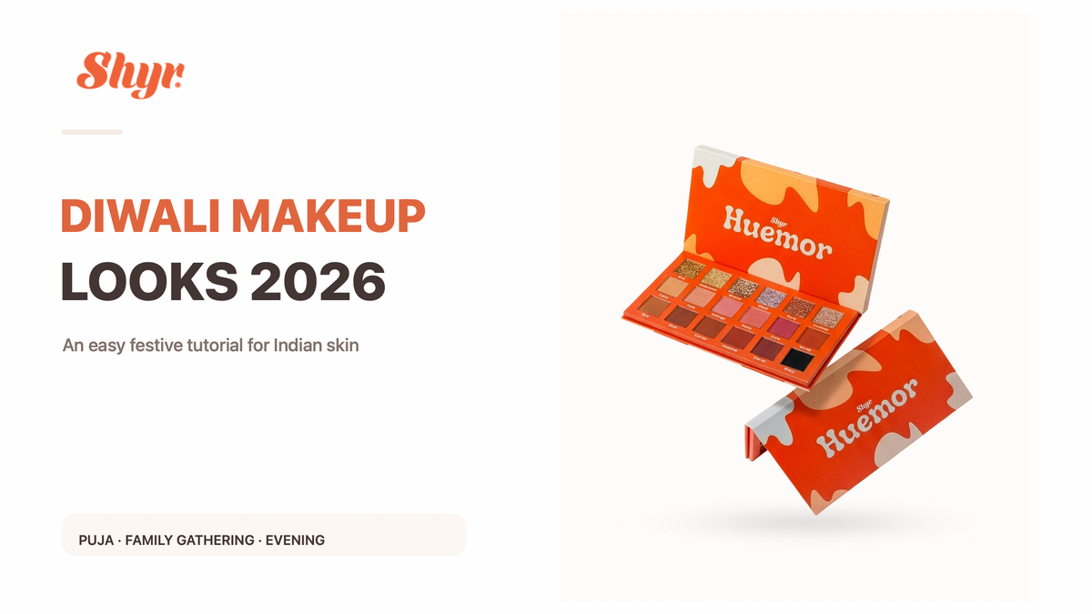 Diwali makeup looks 2026: official Shyr logo with the current Huemor 18-shade eyeshadow palette