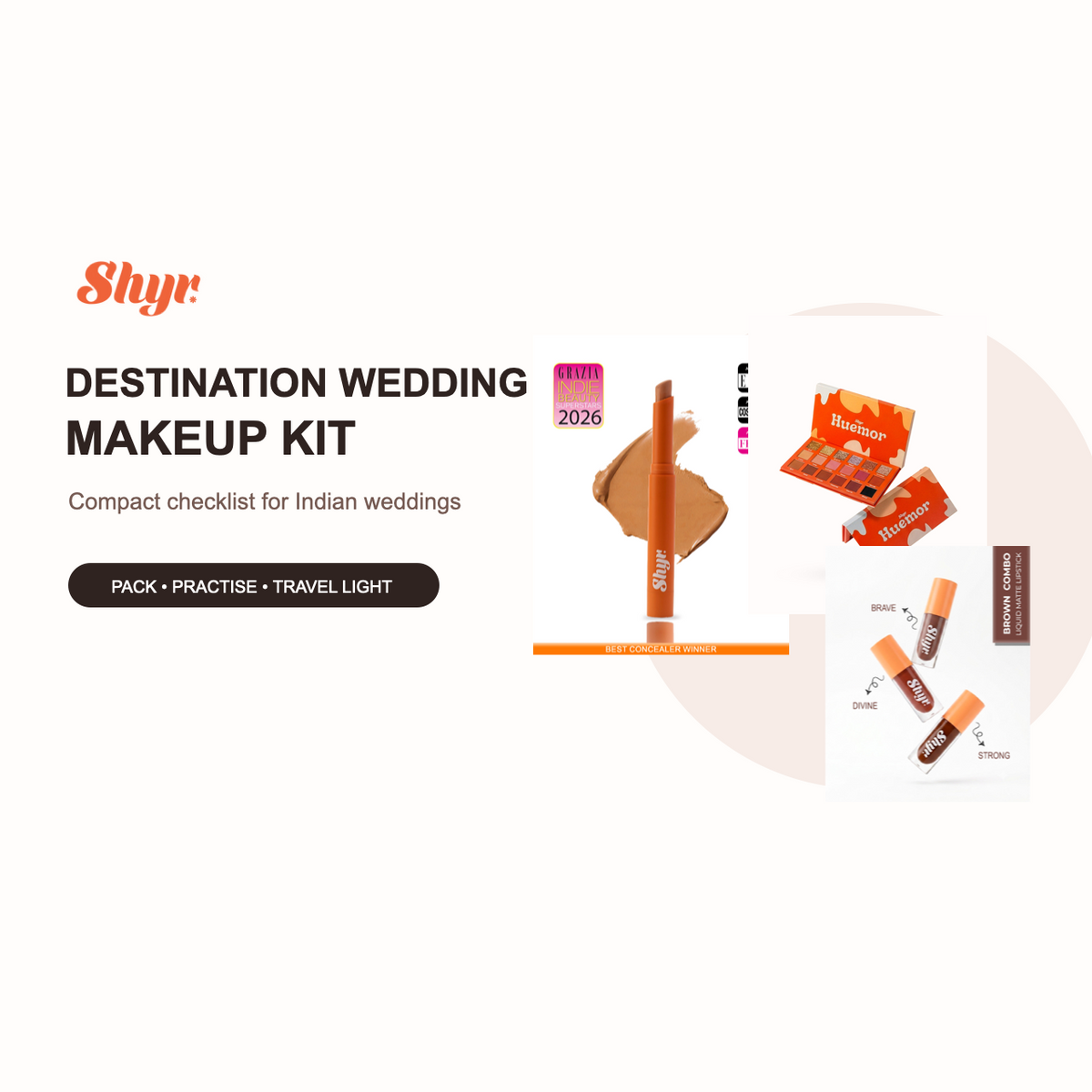 Shyr Beauty destination wedding makeup kit with current FACE IT concealer, Huemor palette and Brown Lipstick Bundle