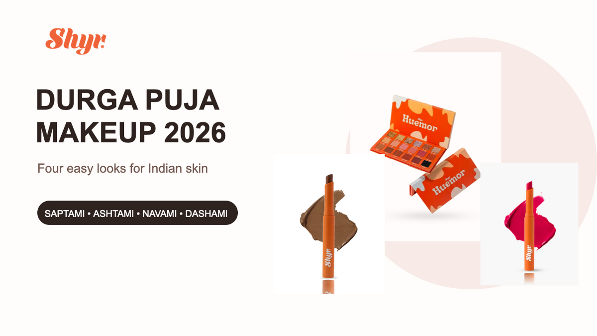 Shyr Beauty Durga Puja makeup looks 2026 with Huemor palette, FACE IT concealer and berry blush