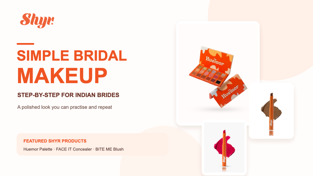 Simple bridal makeup tutorial for Indian brides featuring actual Shyr Huemor palette, Playgirl concealer and Bite Me blush